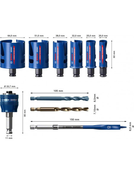 Set de sierra de corona EXPERT Construction Material de 20/25/32/38/51/64 mm, 10 unidades