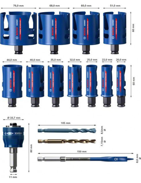 Set de sierra de corona EXPERT Construction Material de 20/22/25/32/35/40/44/51/60/68/76 mm, 15 unidades