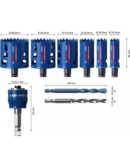 Set de sierra de corona EXPERT Tough Material de 22/25/35/51/60/68 mm, 9 unidades