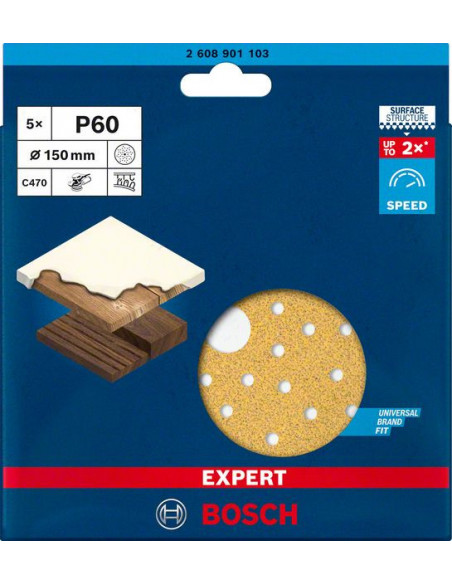 Papel de lija EXPERT C470 multiperforado para lijadoras excéntricas de 150 mm, G 60, 5 unidades