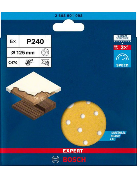 Papel de lija EXPERT C470 multiperforado para lijadoras excéntricas de 125 mm, G 240, 5 unidades