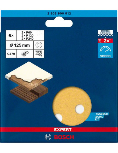 Set de papel de lija EXPERT C470 para lijadoras excéntricas de 125 mm, 8 orificios, G 60/120/240 6 unidades