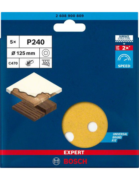 Papel de lija EXPERT C470 con 8 orificios para lijadoras excéntricas de 125 mm, G 240, 5 unidades