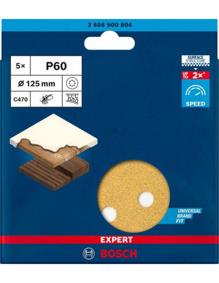 Papel de lija EXPERT C470 con 8 orificios para lijadoras excéntricas de 125 mm, G 60, 5 unidades