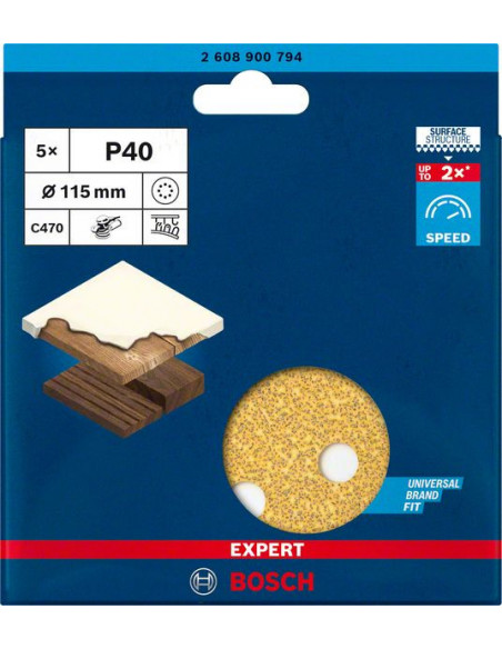 Papel de lija EXPERT C470 con 8 orificios para lijadoras excéntricas de 115 mm, G 40, 5 unidades