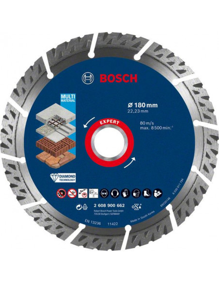 BOSCH EXPERT 2608900662 Disco de corte de diamante EXPERT MultiMaterial de 180 x 22,23 x 2,4 x 12 mm BOSCH EXPERT 2608900662 Disco de corte de diamante EXPERT MultiMaterial de 180 x 22,23 x 2,4 x 12 mm