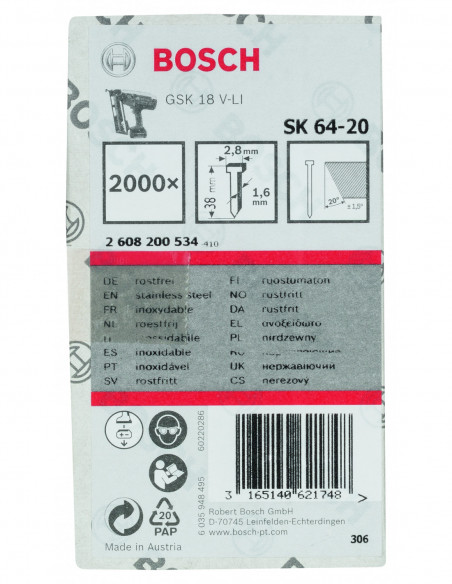 Clavos de acabado de 20° 1,6/16 g, versión inoxidable