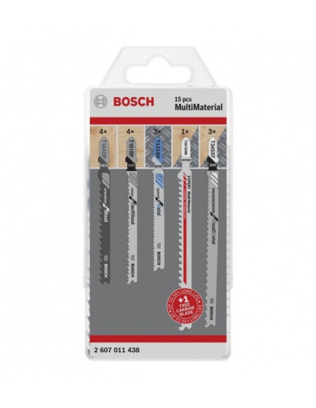 BOSCH 2607011438 Set de 15 hojas de sierra de calar multimaterial con vástago T