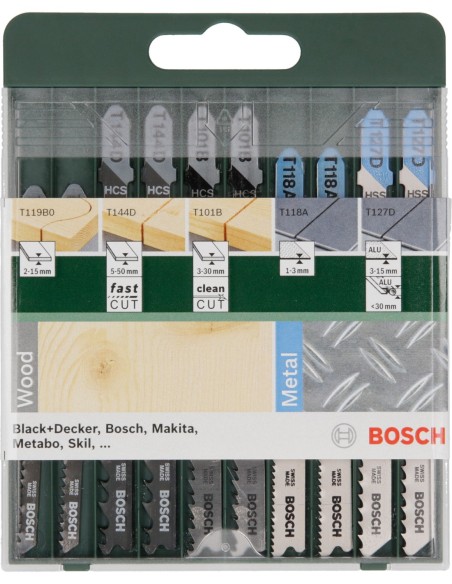 Set de 10 hojas de sierra de calar vástago en TT 101 B (2x), T 144 D (2x), T 119 BO (2x), T 118 A (2x), T 127 D (2x)