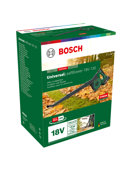 Soplador de hojas a batería UniversalLeafBlower 18V-130 (Incluye batería y cargador, en caja de cartón)