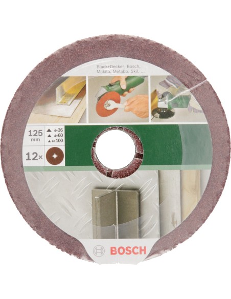 Set de 12 discos lijadores de fibra para amoladora angular, corindón Ø125 mm, Grano 36 - 100, 12