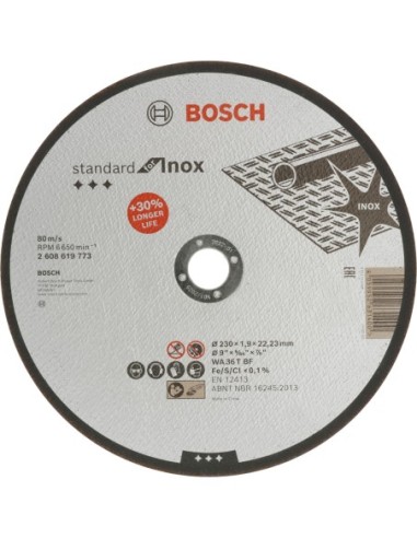 Disco de corte recto Standard para Inox de 230 x 1,9 x 22,23 mm . WA 36T BF